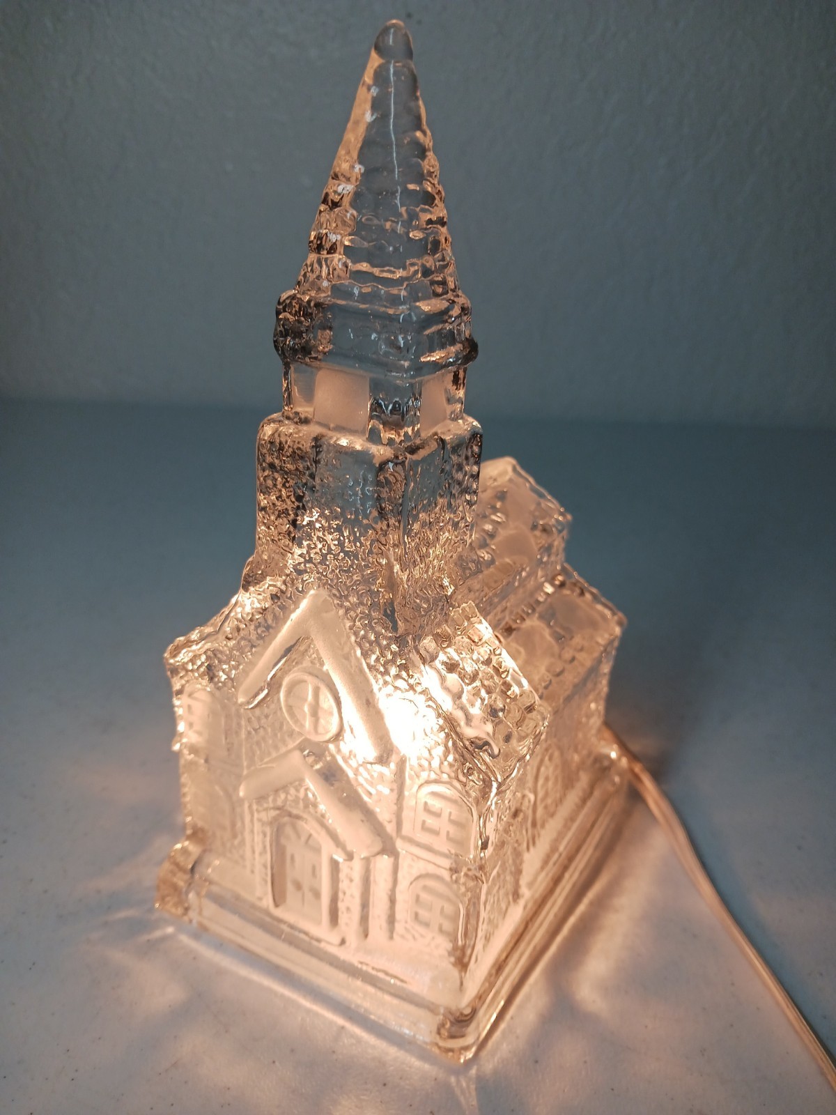 Vtg Glass Clear/Frosted Lighted Church With Light Cord- Christmas Holiday Decor