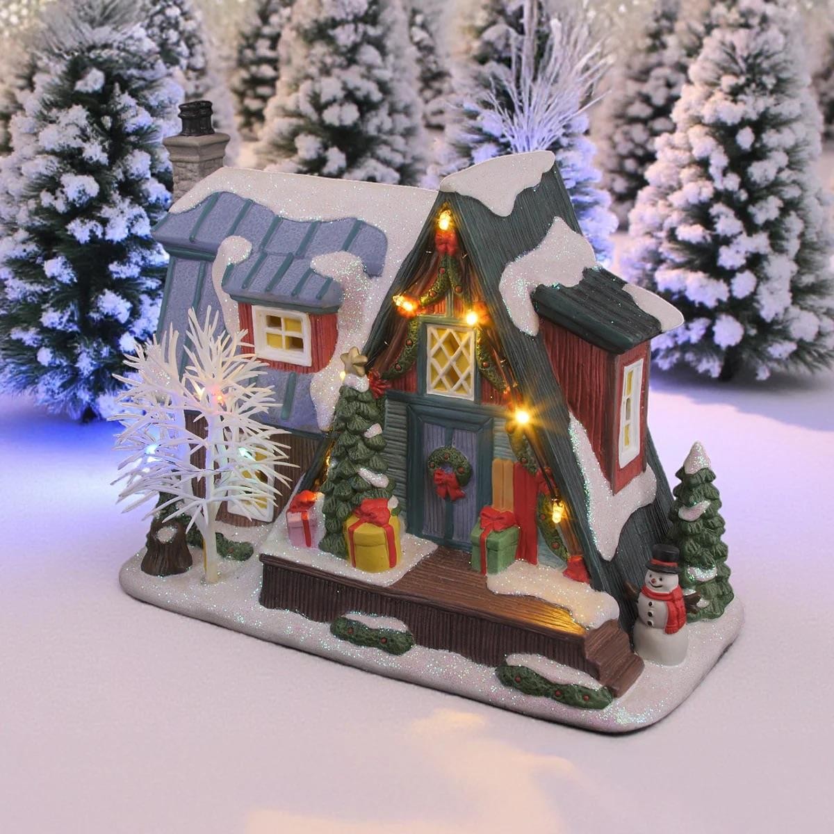 FG Square Country Log Cabin Christmas Village w Big Presents Display MC3005