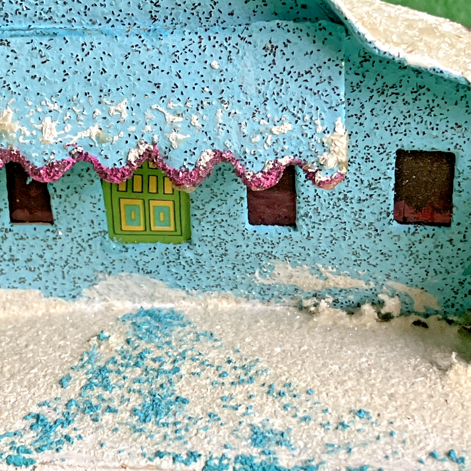 2 Sizes VTG Christmas Putz Houses, Cardboard w Mica Glitter, Windows, Trees
