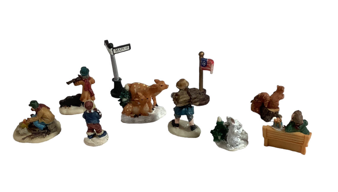 Lot Of 10 Cobblestone Corners Miniature People Animals Street Sign Flag