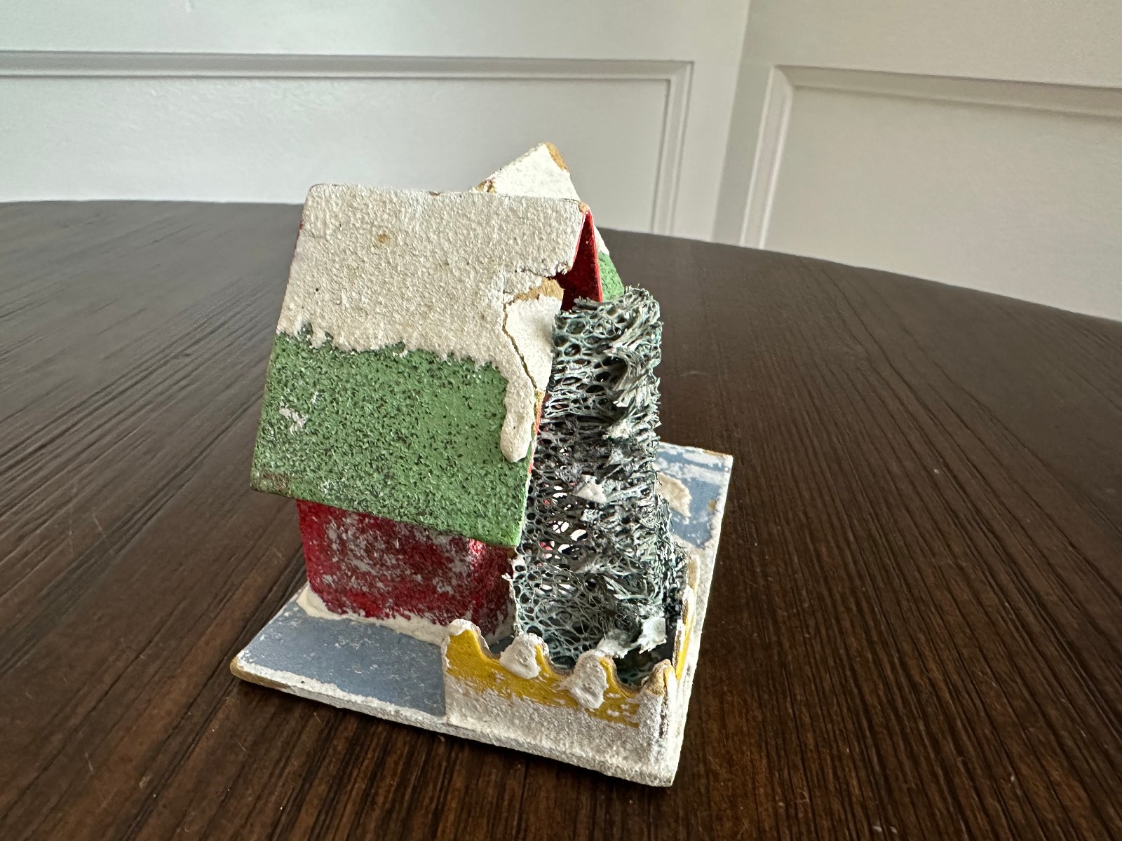 Vintage Japan Christmas Putz House Cardboard Bottle Brush Tree Snow Cottage READ