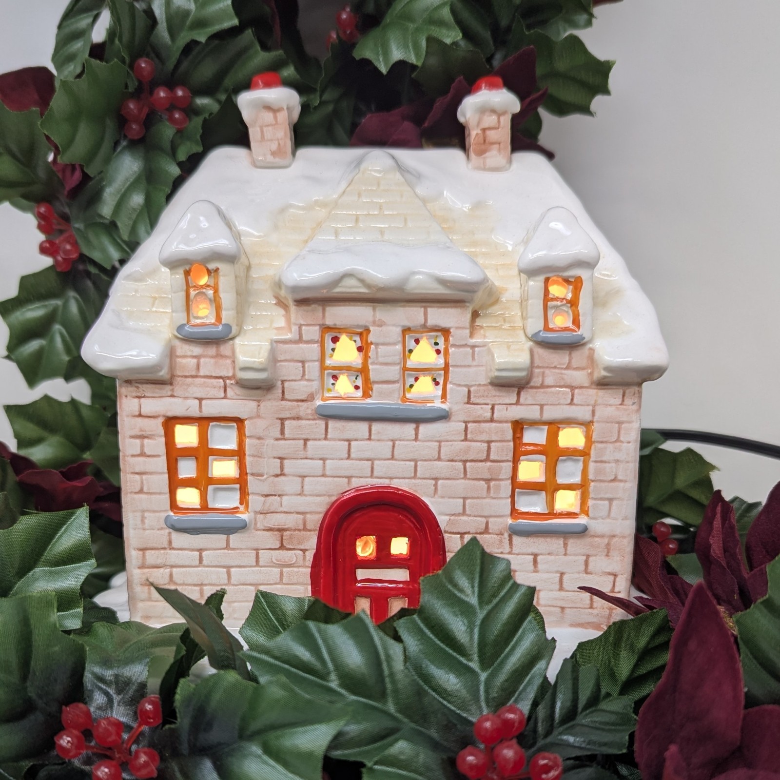 Vintage Enesco Village Lighted Snowy Cottage Fall Winter Brick House Red Door