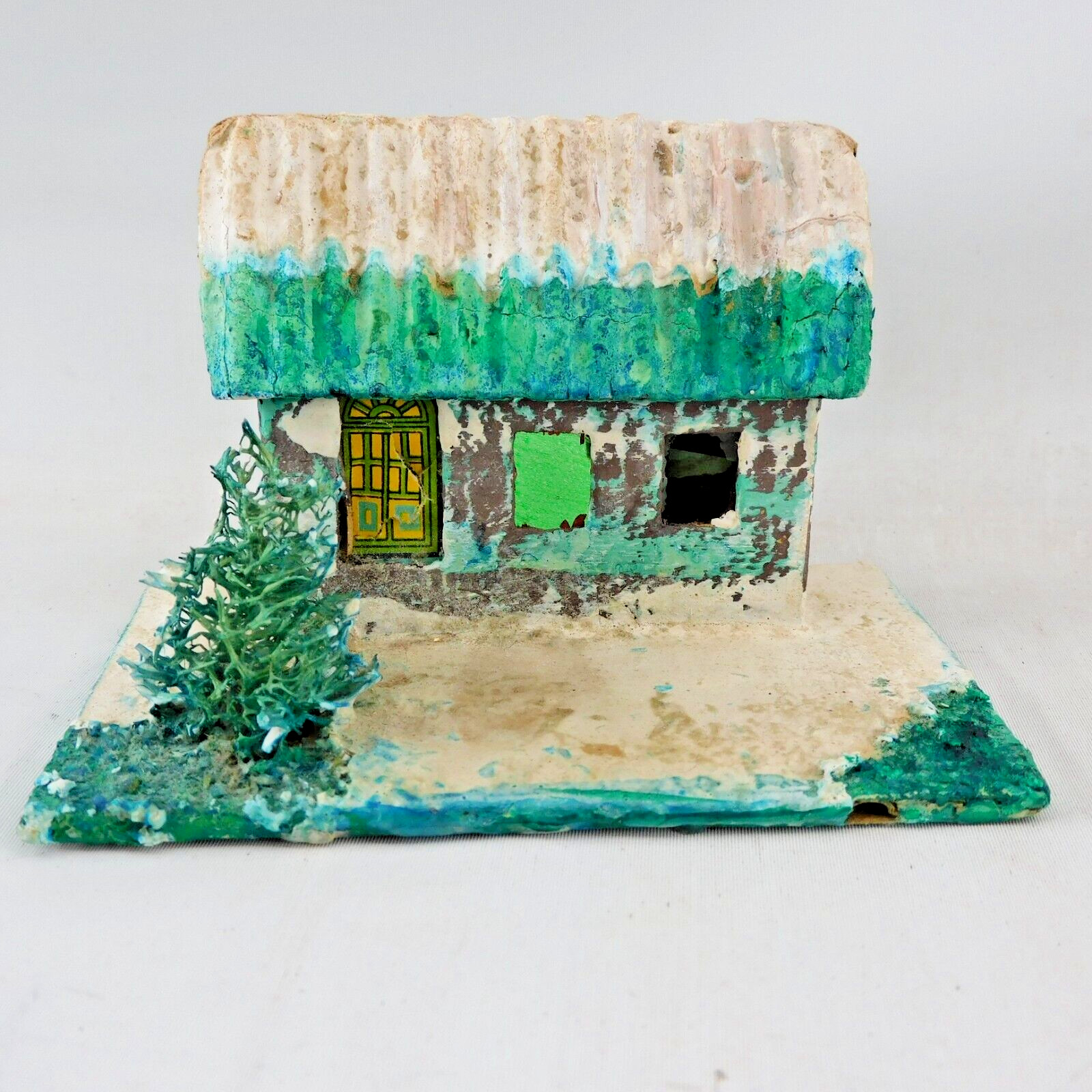 Putz Cottage House with Moss Tree Vtg Japan 1950s 4″w 2-1/2″h Green Roof (h-9)
