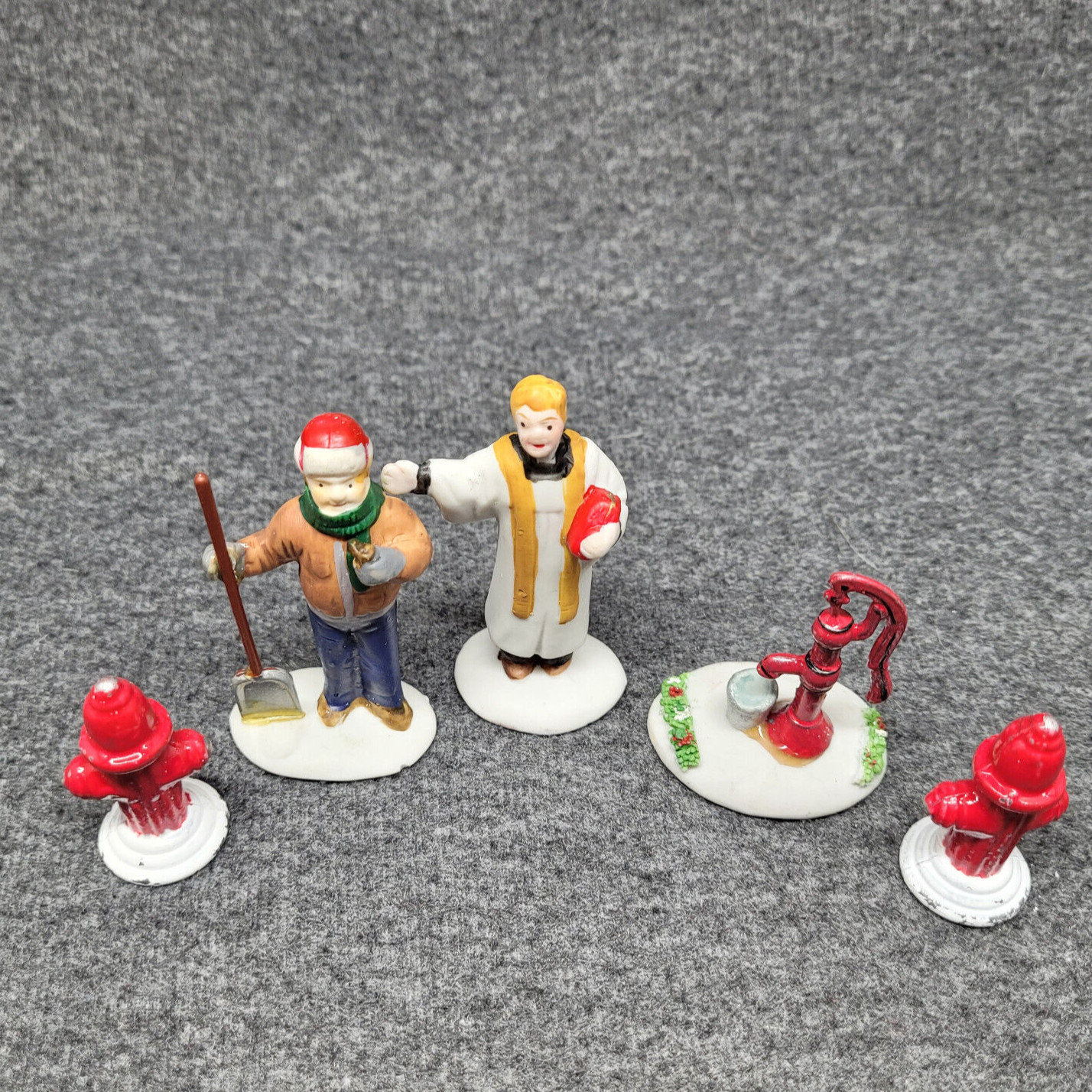 Vintage Lemax Figurines Priest Man w/ Shovel Hand Pump 2 Fire Hydrant