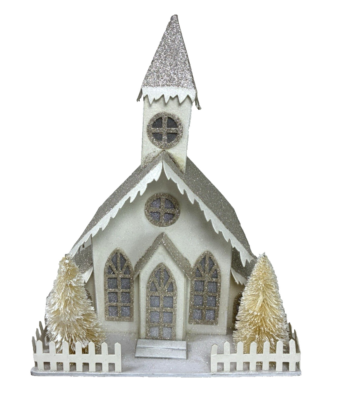 Putz Style Glittered Cardboard Christmas Village Church Bottle Brush Trees 12″
