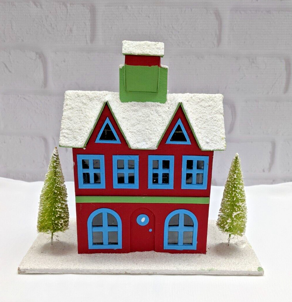 Pottery Barn Christmas Village Decor Red House Small Chimney Tree Snow Roof