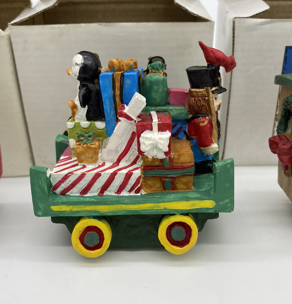 4 Piece Vintage Ceramic Christmas Train Set Santa Bear Toys Penguin Reindeer