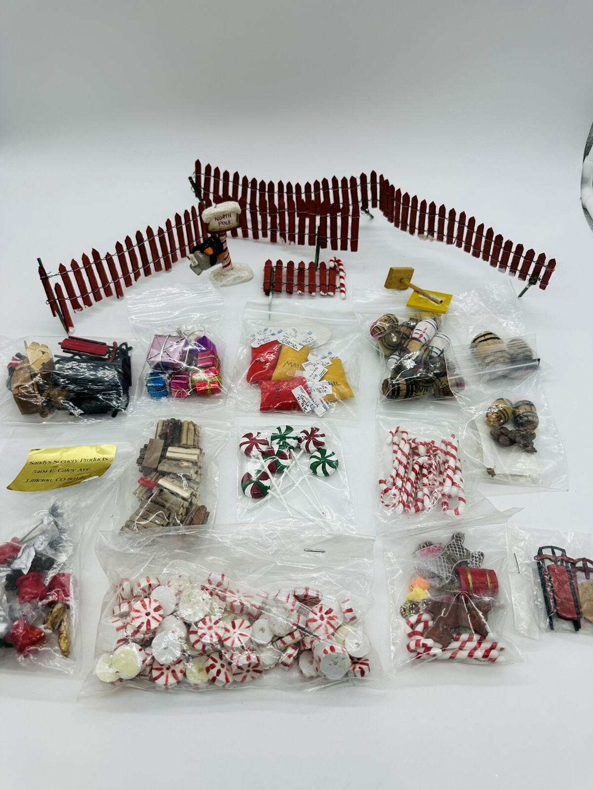 Christmas Village Accessories Fence Wood Sleds Decor Gifts Candy Canes Plants