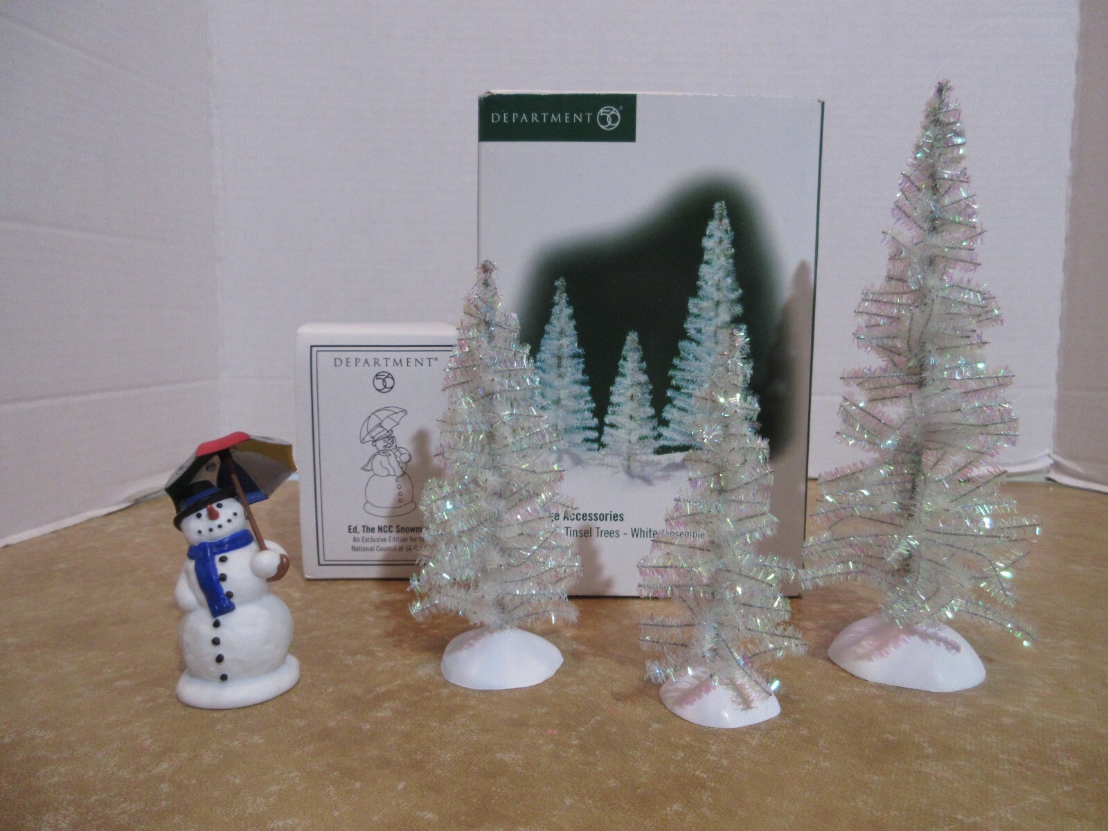 Dept. 56 2004 Classic Tinsel Trees 3 Pcs. & 2005 Ed ,The NCC Snowman