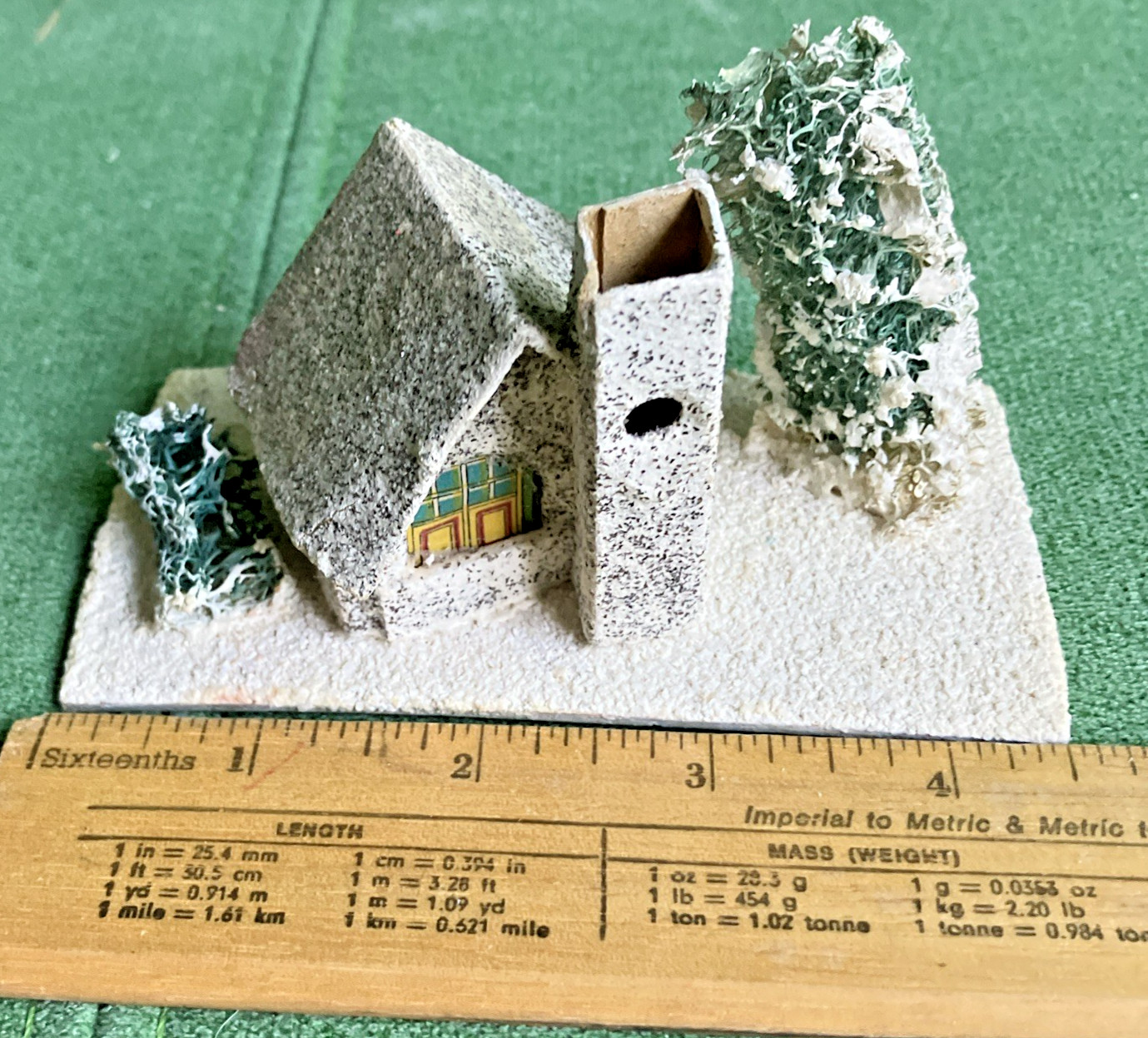 3 Vtg Christmas Putz Houses Cardboard w Mica Glitter, Windows, Trees