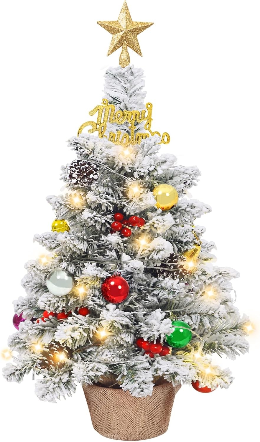 Unves 24 Inch Tabletop Mini Christmas Tree Set,Small Snow Flocked White