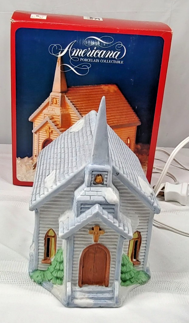 Vtg Americana Church Christmas Village Lighted House 1991 In Box Cord Porcelain
