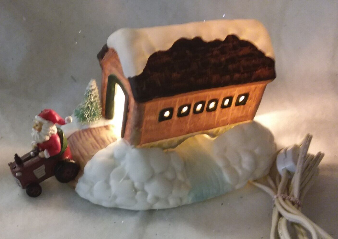 Vintage Ceramic Christmas Village Illuminated Snowy Covered Bridge & Santa-1991