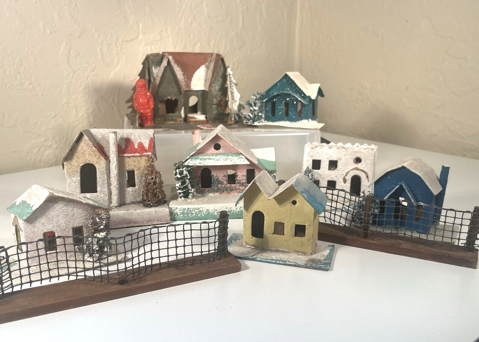 8 Vintage Mid Century Christmas Putz Houses + 2 Fences Holiday Decor JAPAN USA