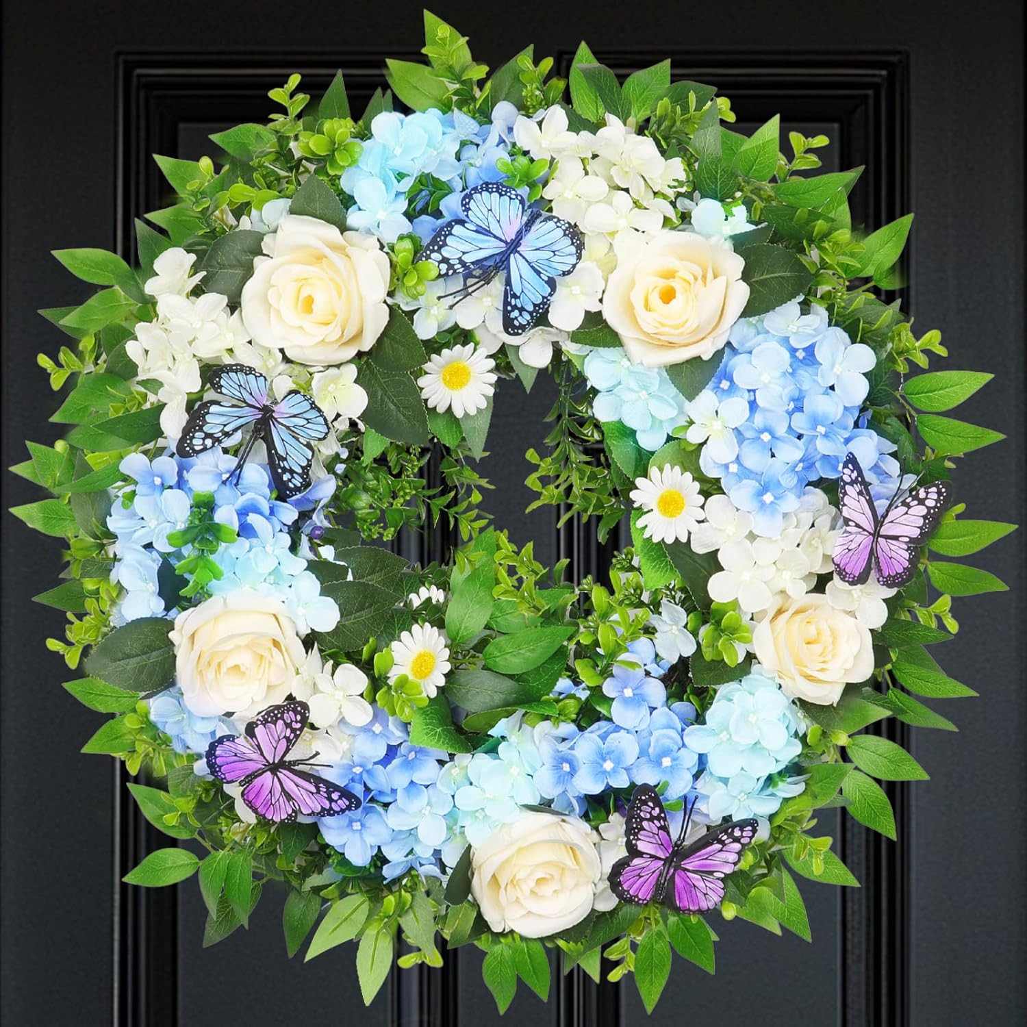 [Lighted & Timer] 24″ Spring Summer Wreaths for Front Door Blue Hydrangea Wre…