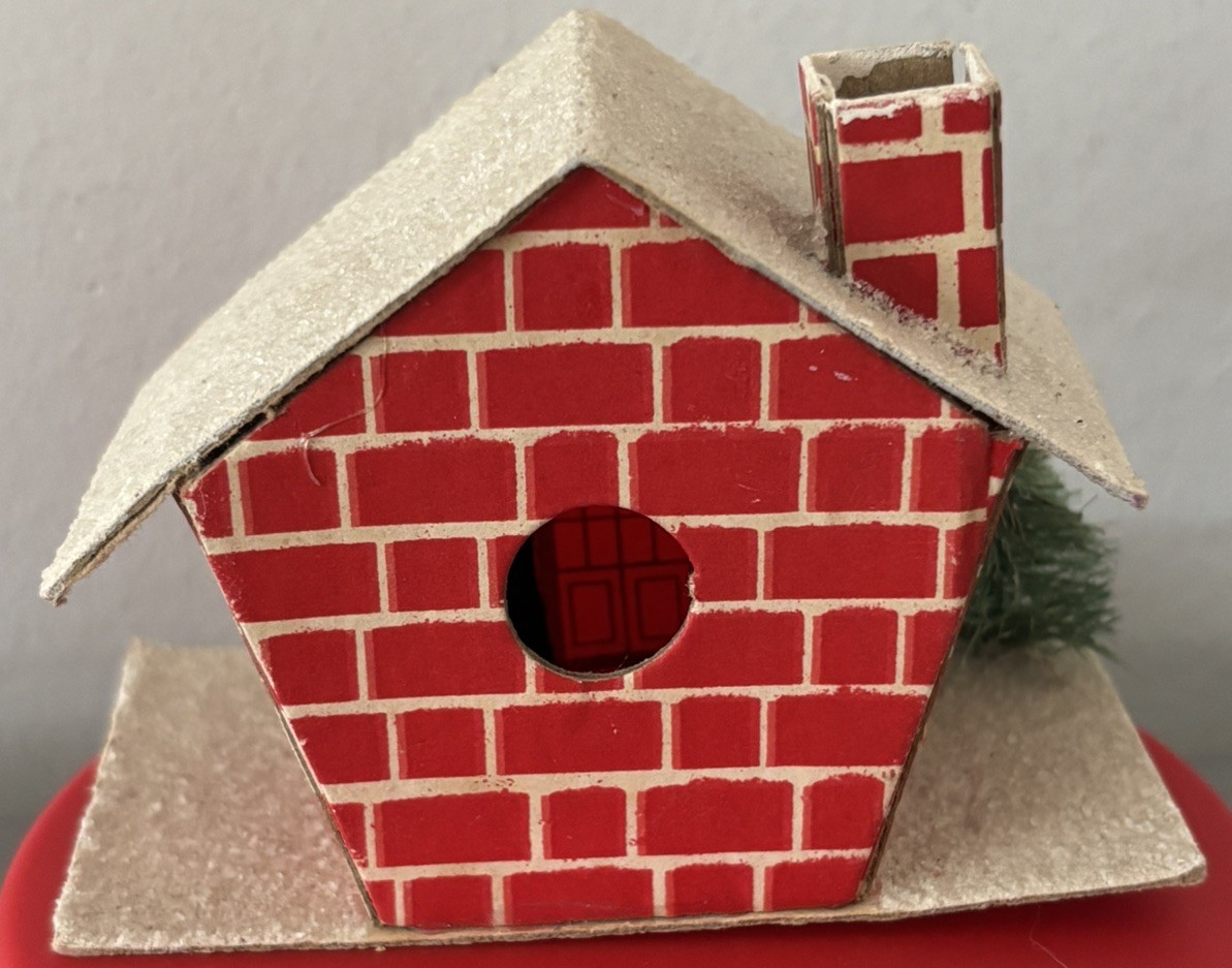 Vntg Putz House Red Brick with Cello Windows & Bottle Brush Tree Glitter L-D