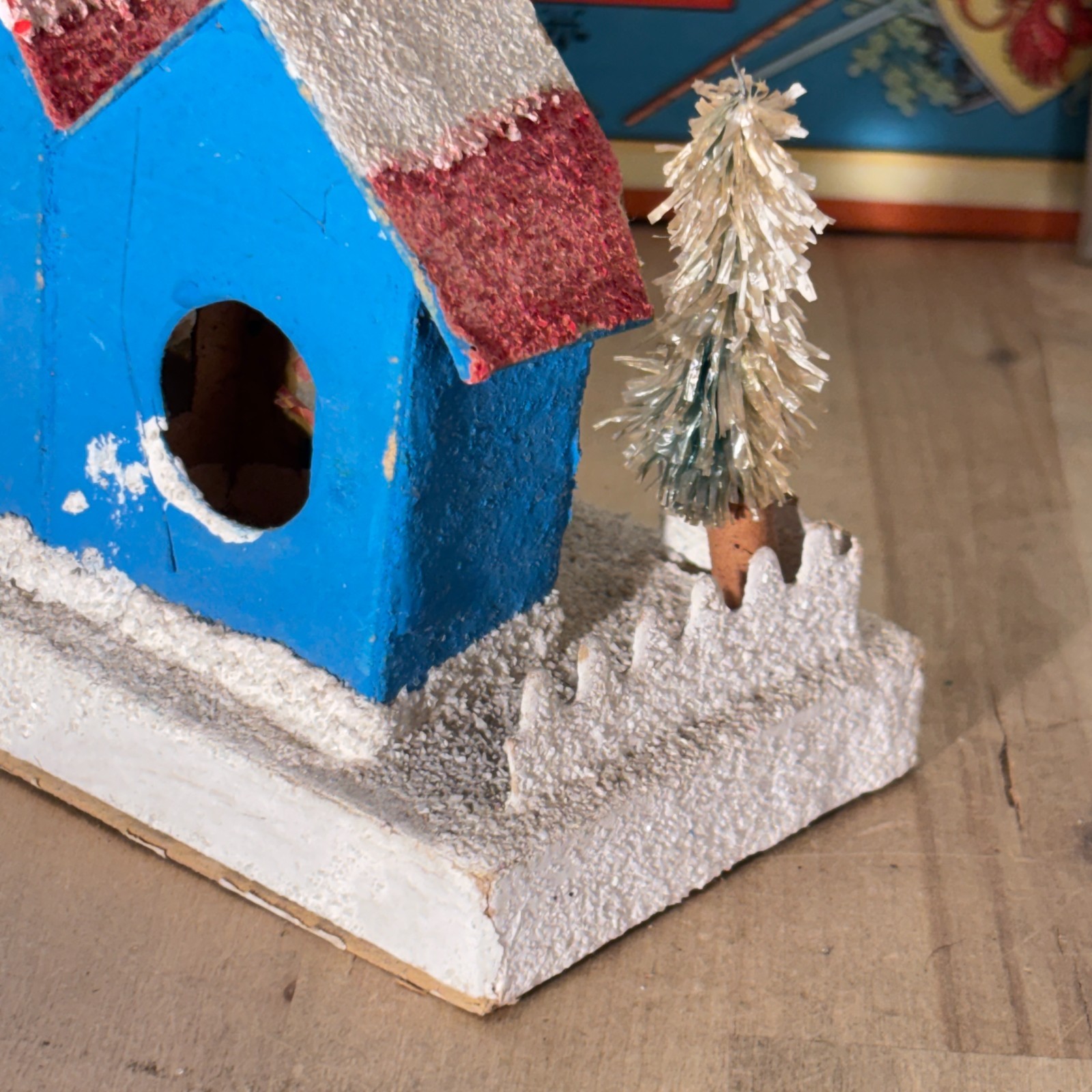 Vintage Christmas Putz House Blue, w Fence and Bottle Brush Tree, Japan