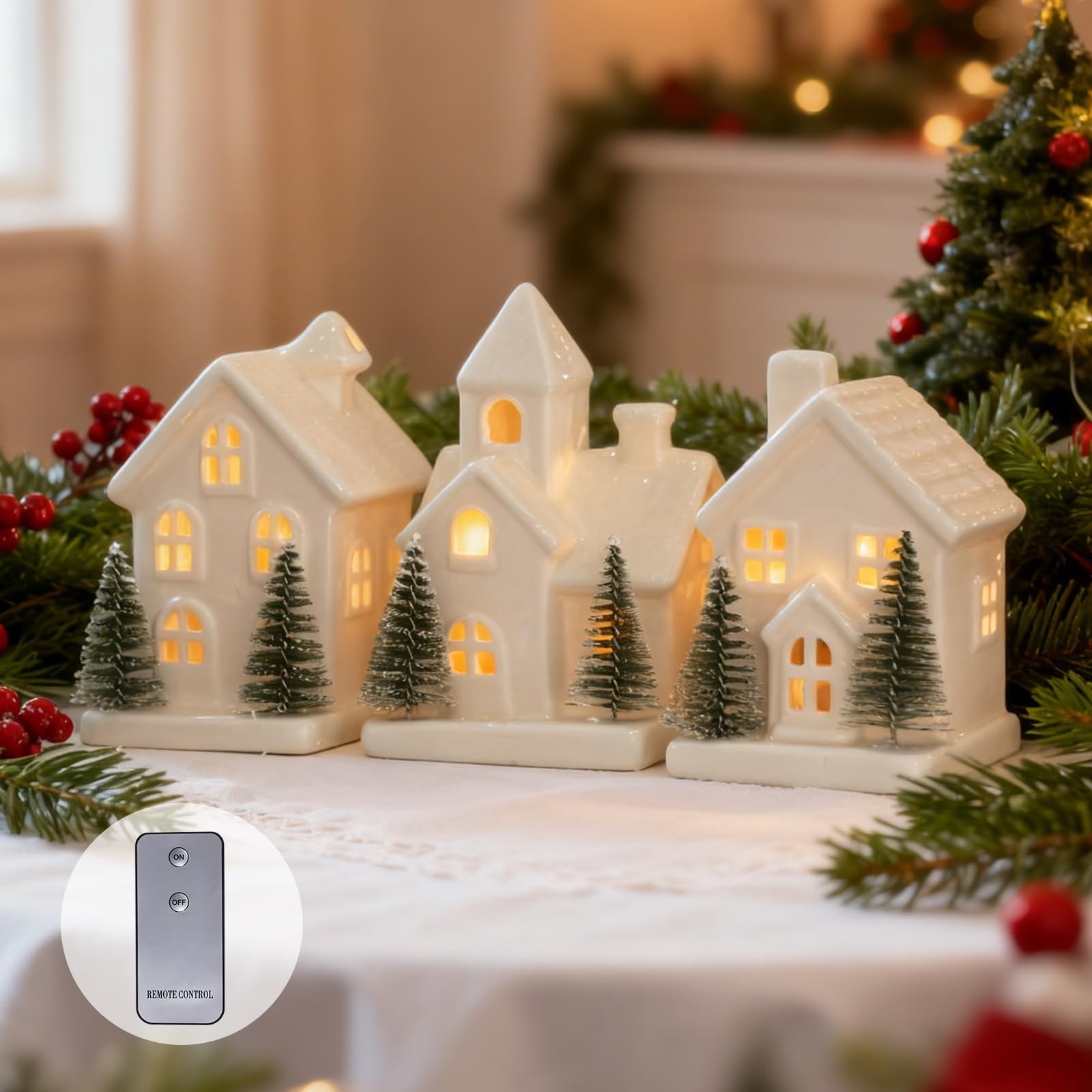 Christmas Decorations – Indoor Christmas Village Set of 3 Lighted Ceramic Houses