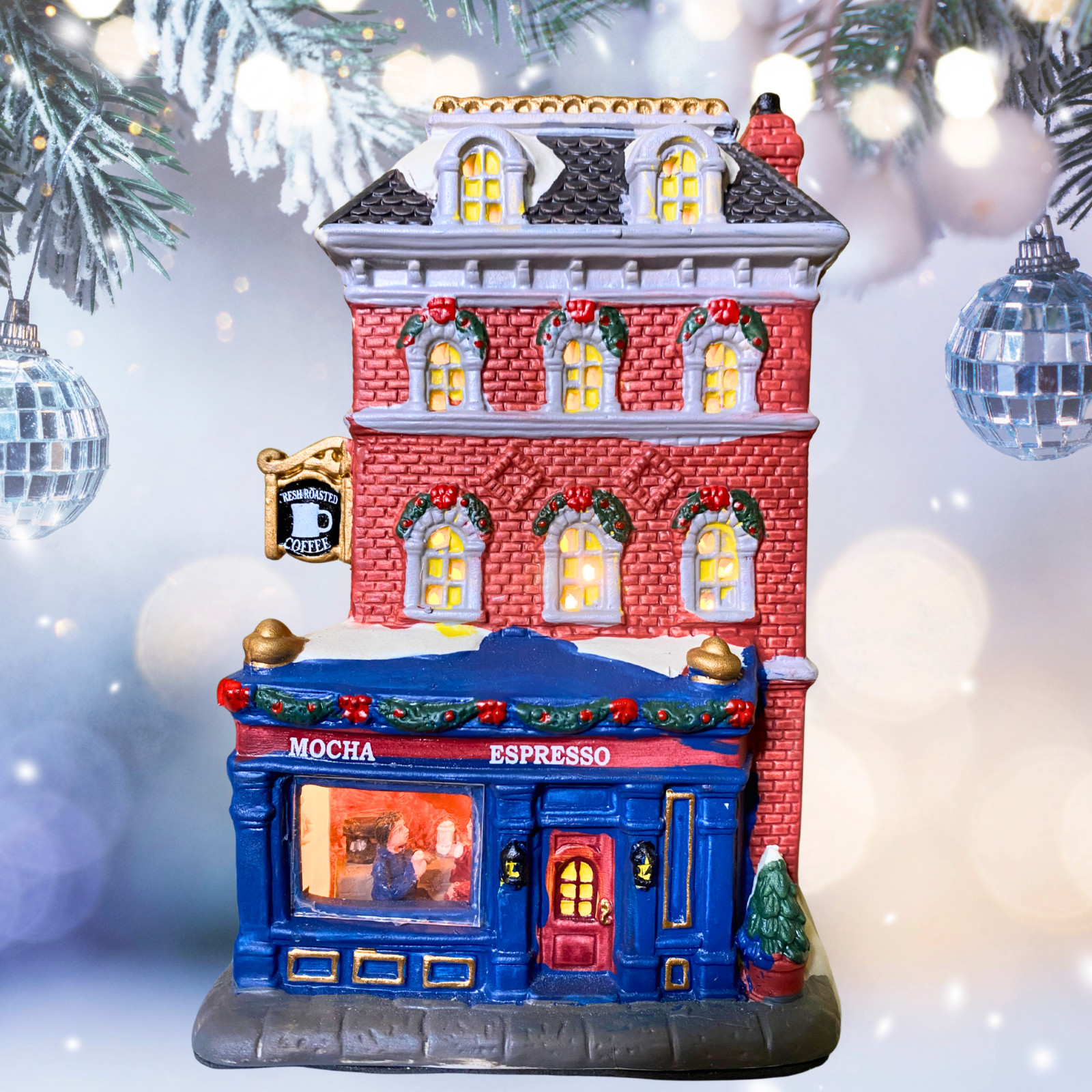 2025 Holiday Time Light-Up Porcelain Coffee Shop Christmas Village Building, Mul