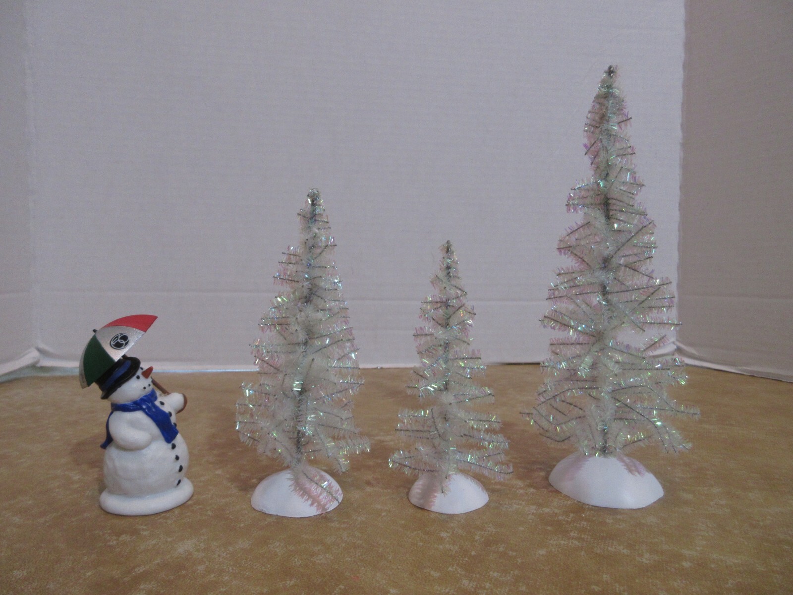 Dept. 56 2004 Classic Tinsel Trees 3 Pcs. & 2005 Ed ,The NCC Snowman