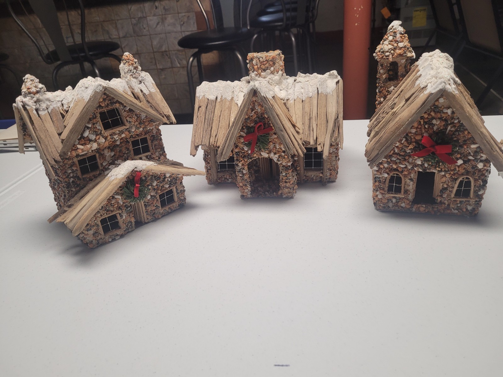 3 Snow Covered Stone Houses Christmas Decoration 9x6x5 and 8 by 8 inches