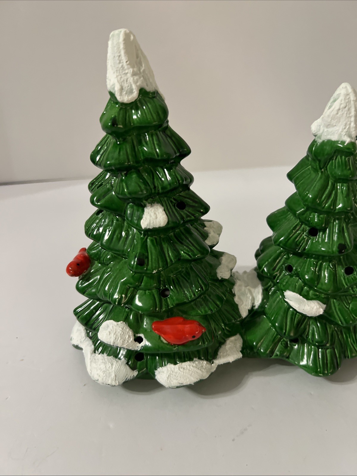 Vintage 1984 Dept 56 Light Up Double Tree Snowy Christmas With Red Cardinal