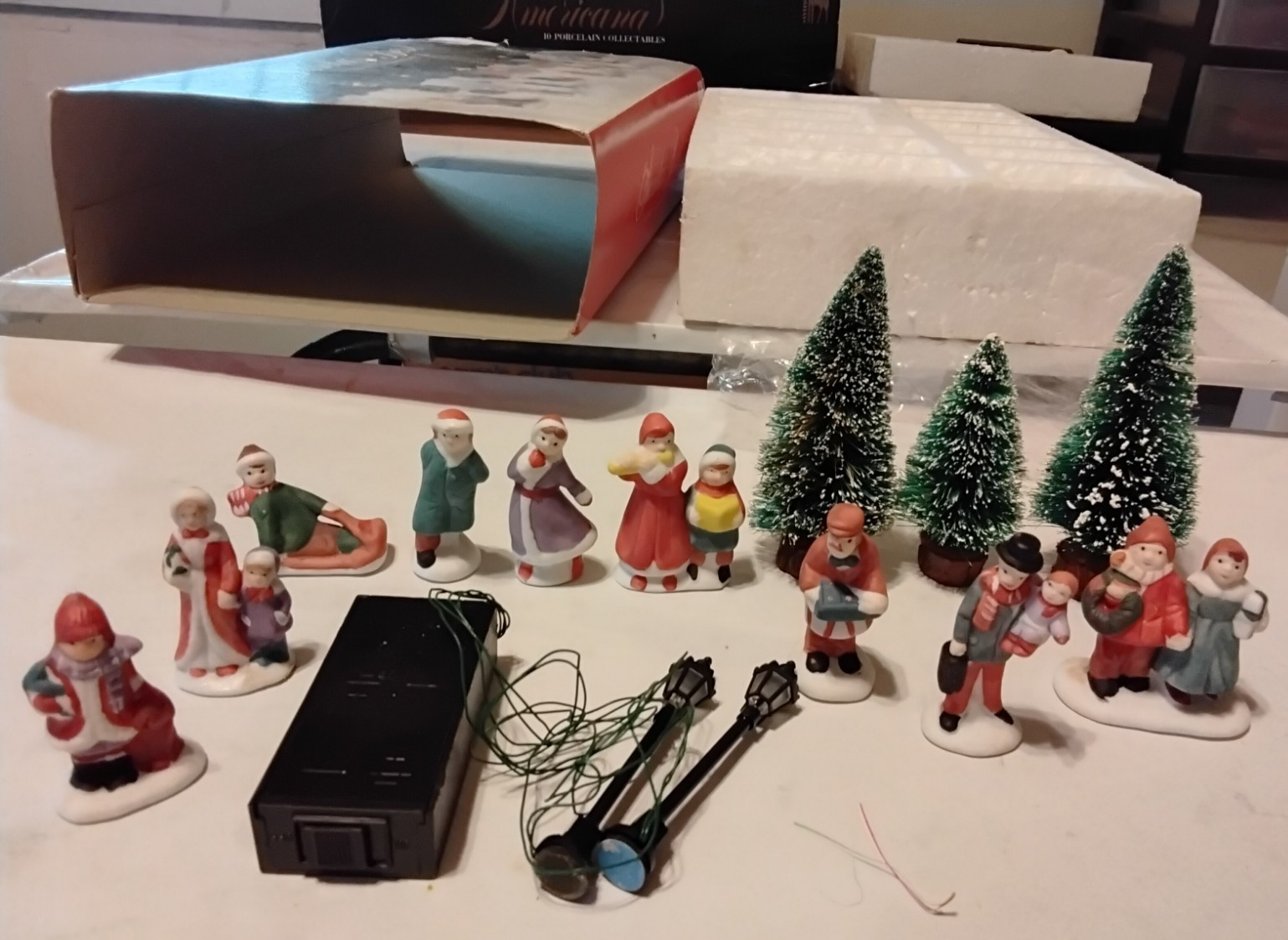 Christmas Village Porcelain Light Houses & Metal/Other Figurine Lot Used 4 Boxes