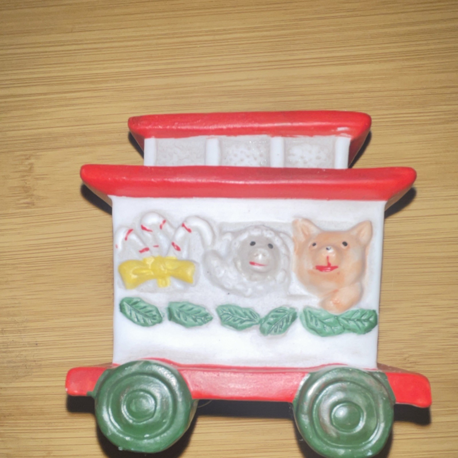 Ceramic Christmas Village Train Car with Animal Figures Red Green White Decor