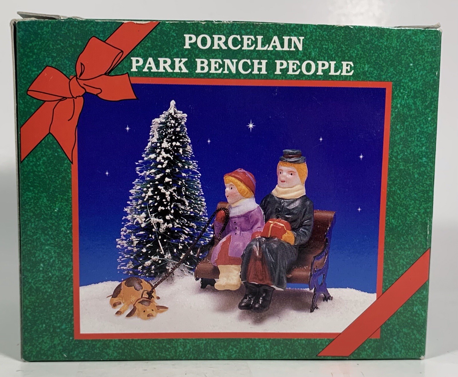 Park Bench People Dog Christmas Tree Scene Village Figurine 1995