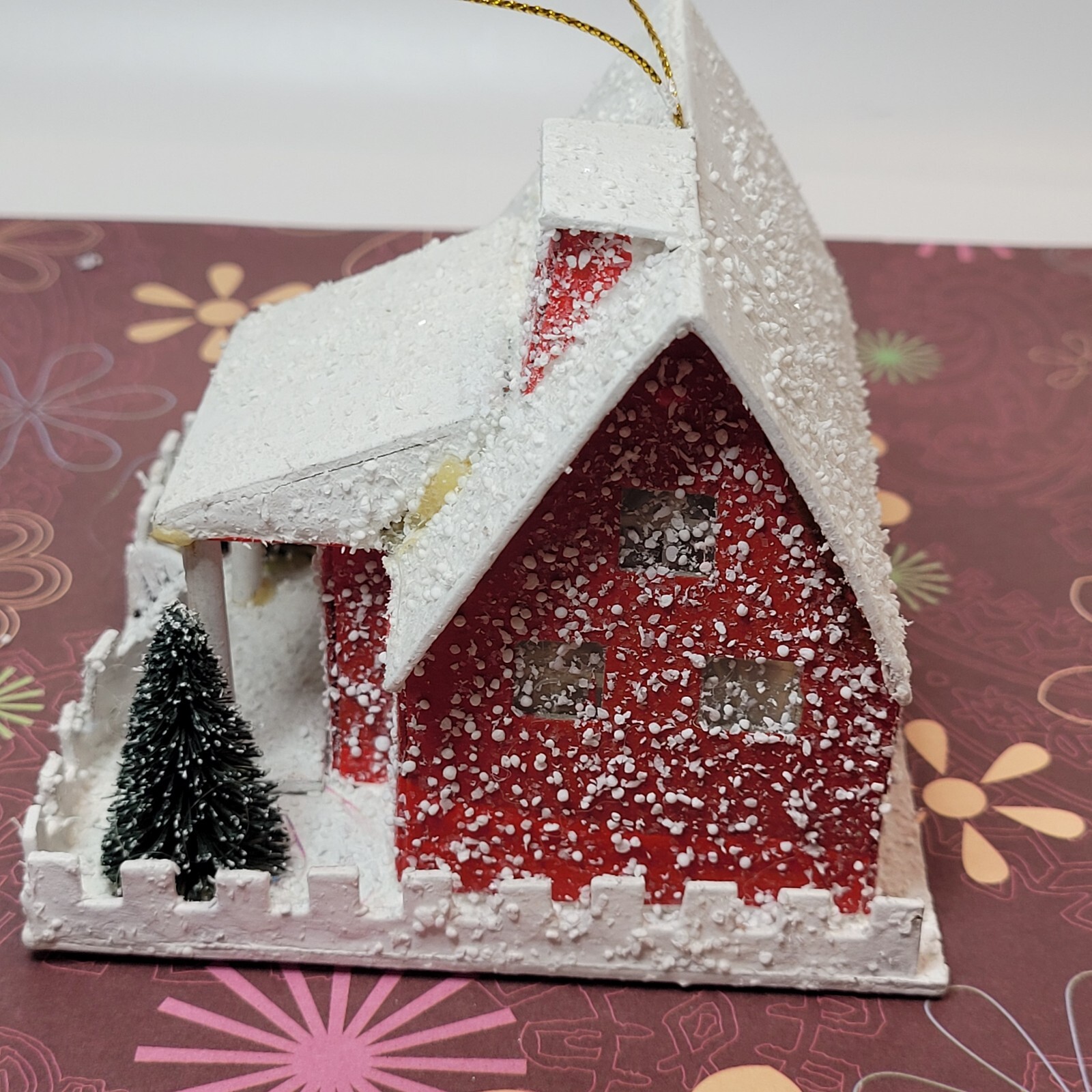 Vtg Inspired Putz House Red W/White Roof Snow Trees Fence Glitter Light Hole