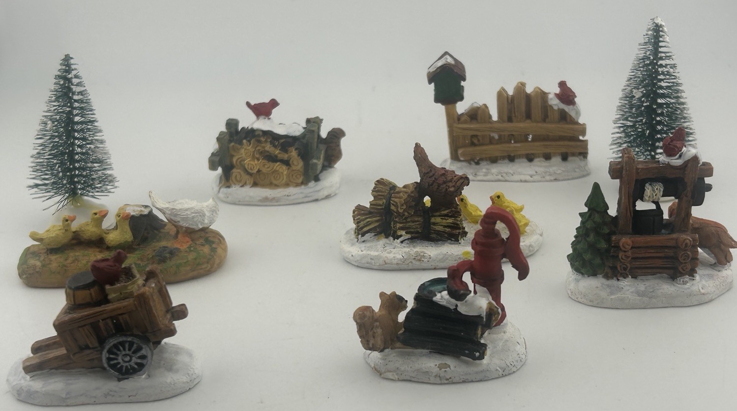 Holiday Time Christmas Snow Village-Farm Animal Scenes Lot of 7 + 2 Trees – NOTE