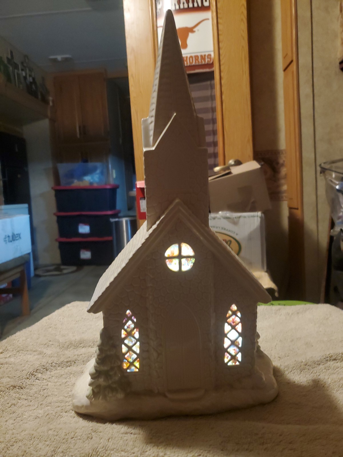 Vtg LARGE Ceramic Church Light Colorful Windows Matt Cream No Light Included,