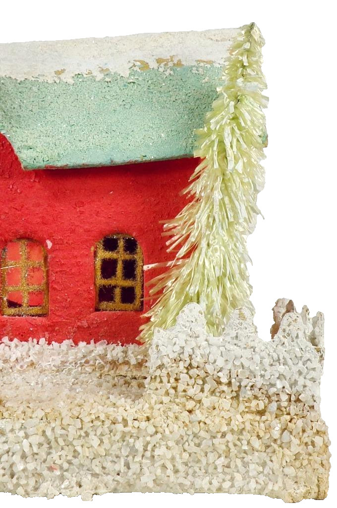 Christmas Putz House Coral Green Roof Glitter Fence Bottle Brush Tree #1225