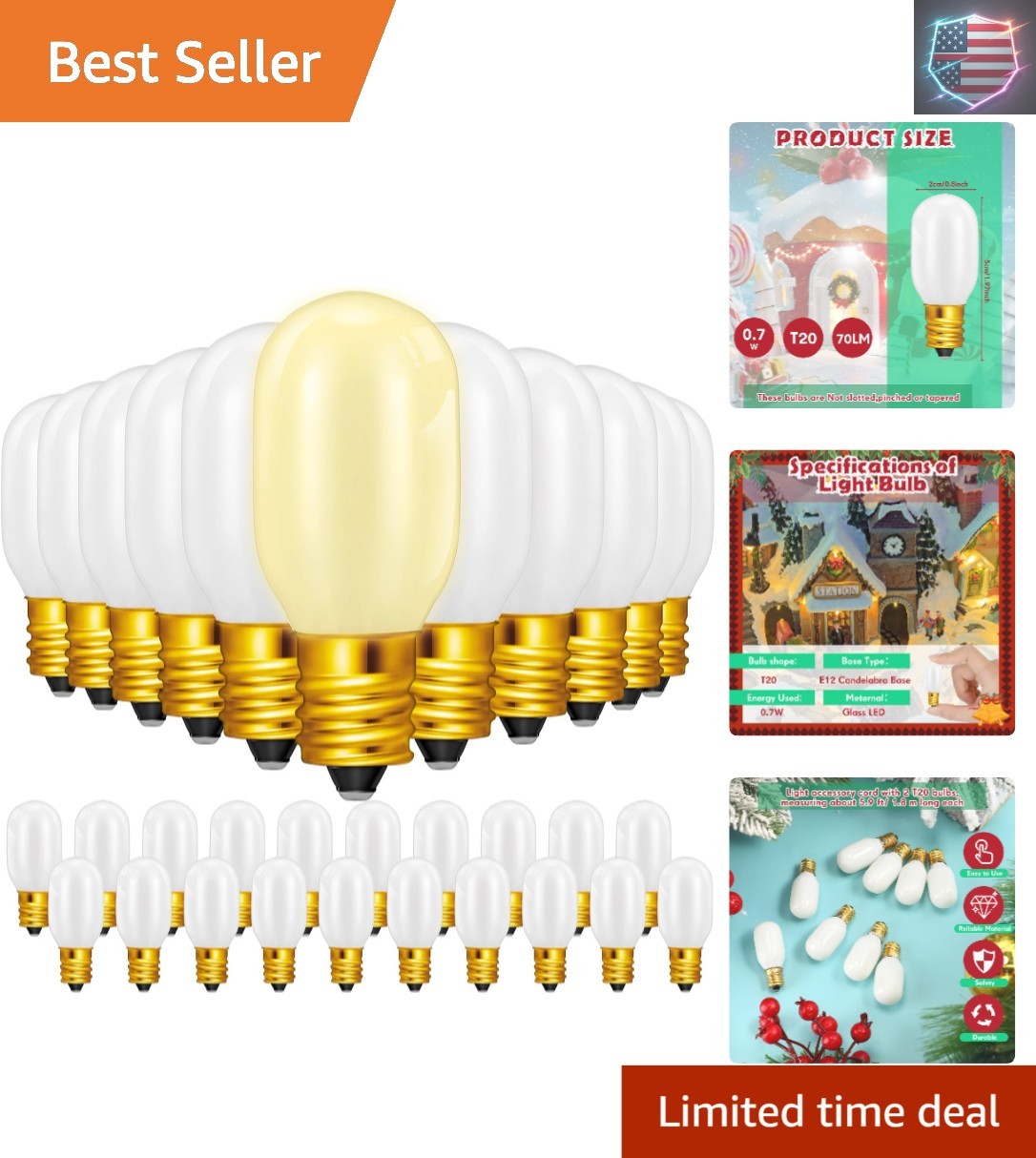 Christmas Village Light Bulbs, 0.7W 120V E12 Base T20 LED Replacement Night B…