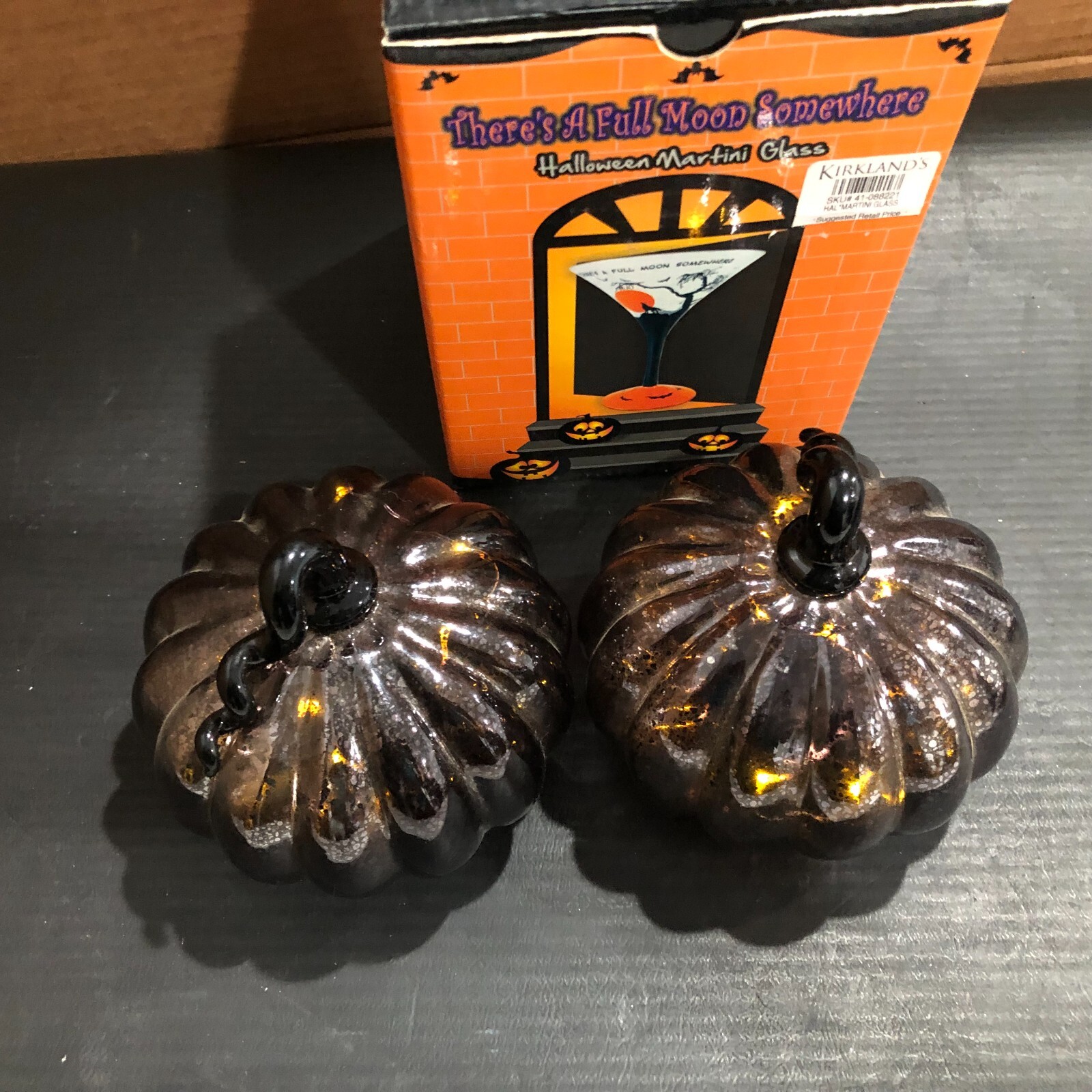 (SET OF 2) HALLOWEEN GLASS BLACK PUMPKIN LIGHTED, FREE SHIPPING