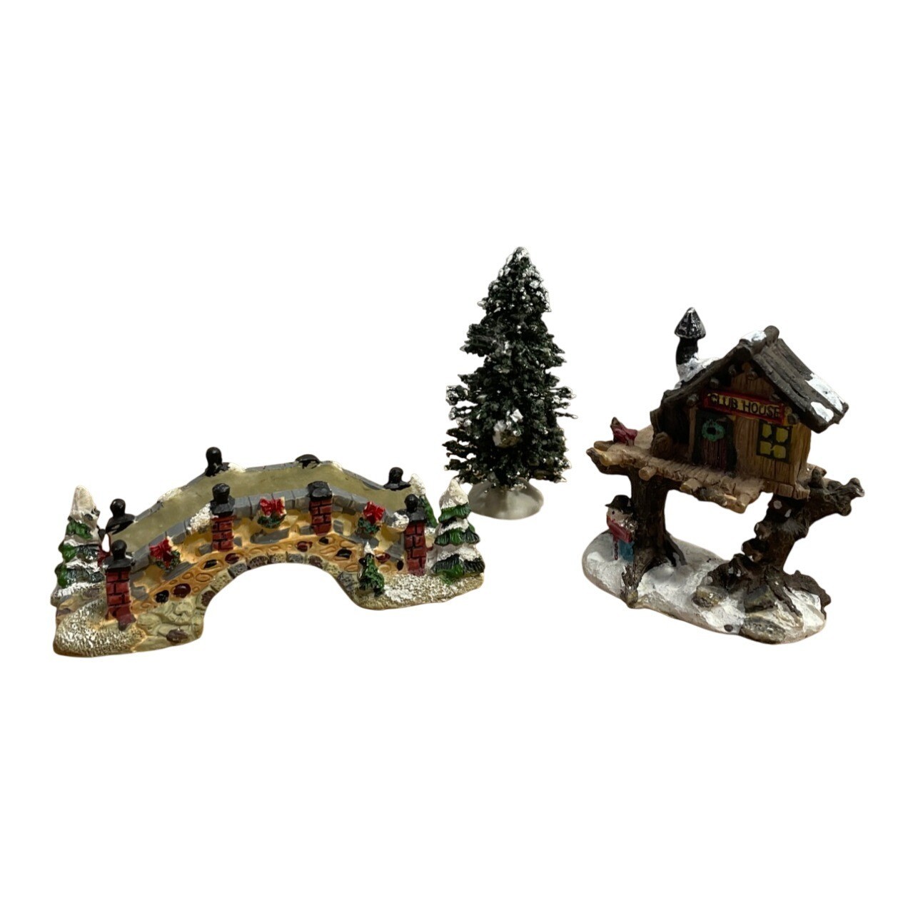 Vtg Cobblestone Corners Christmas Village Set Tree Club House Pine Stone Bridge