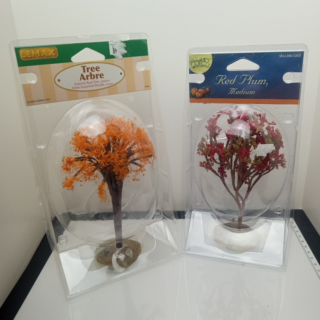 2 Vtg Medium Christmas Village Fall Trees Autumn Rust Red Plum Lemax Pumpkin