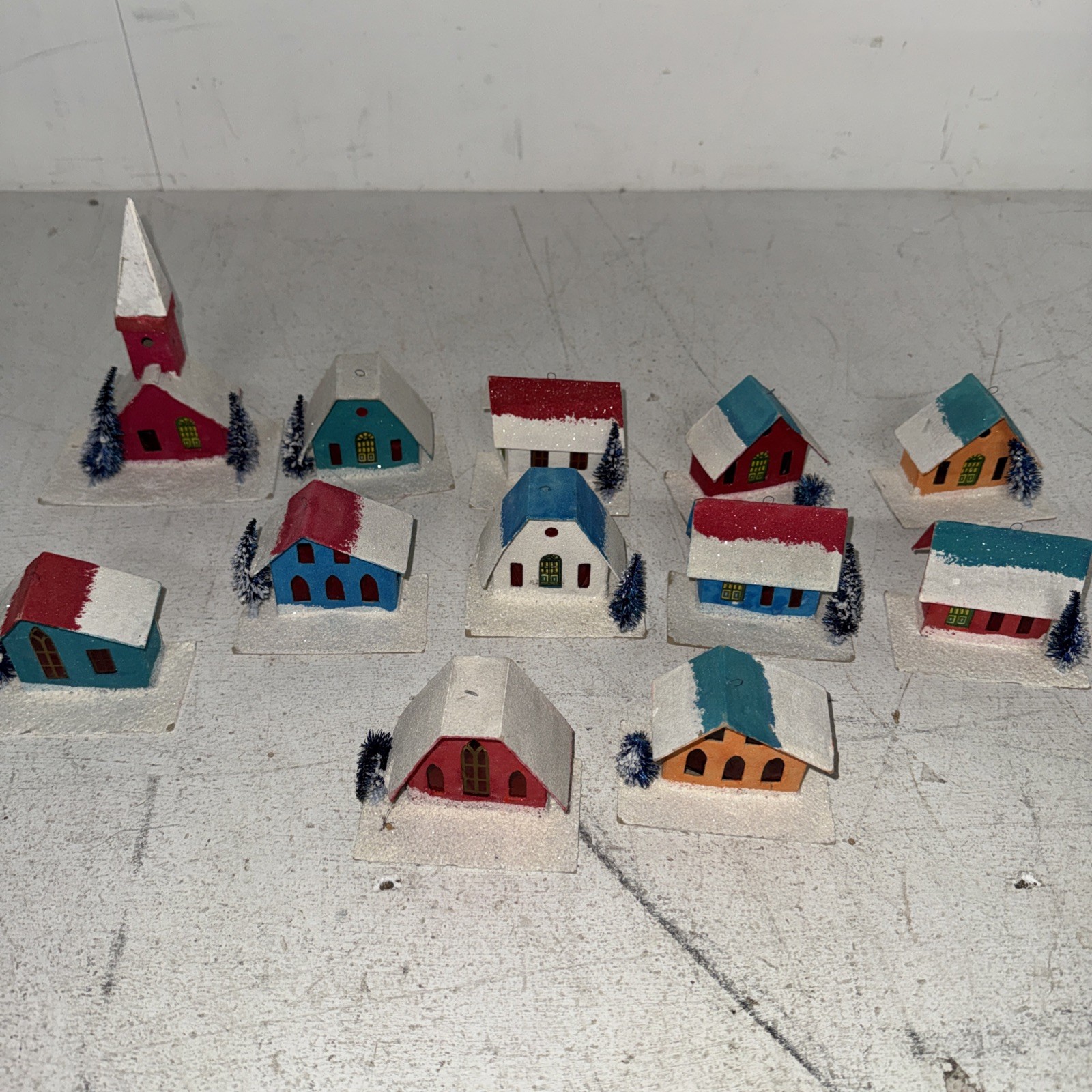 12Vintage German Putz Christmas Village Houses Cardboard Mica Glitter Small Hole