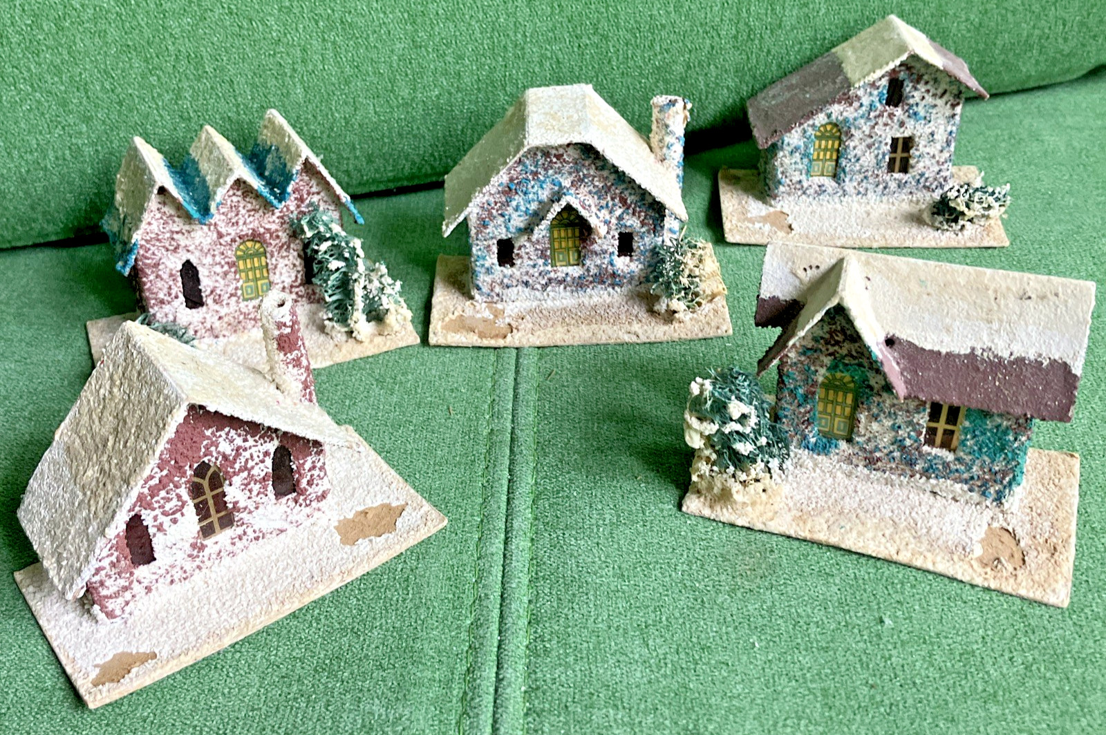 5 Different VTG Christmas Putz Houses, Cardboard w Mica Glitter, Windows, Trees