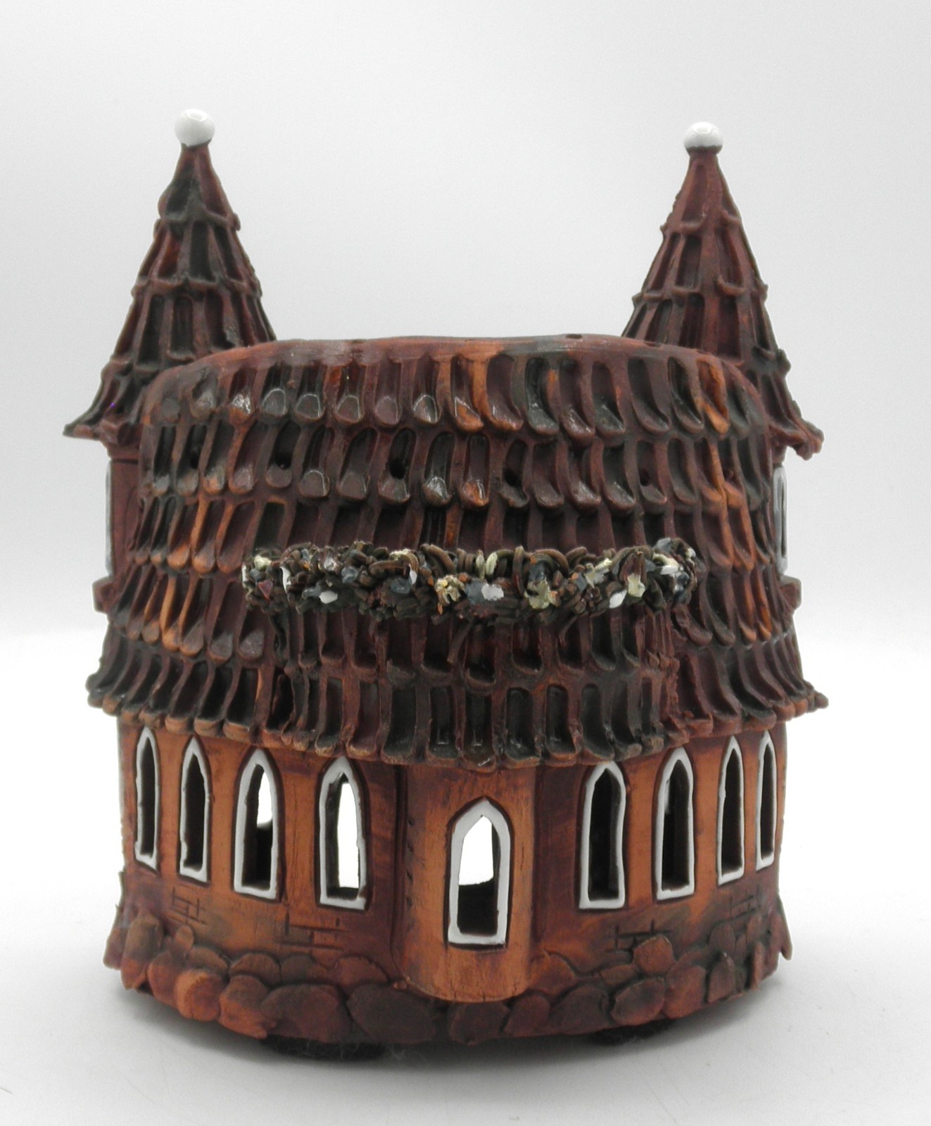 Handarbeit Lithuanian Terracotta Village Figurine Double Tower Luminary Tealight