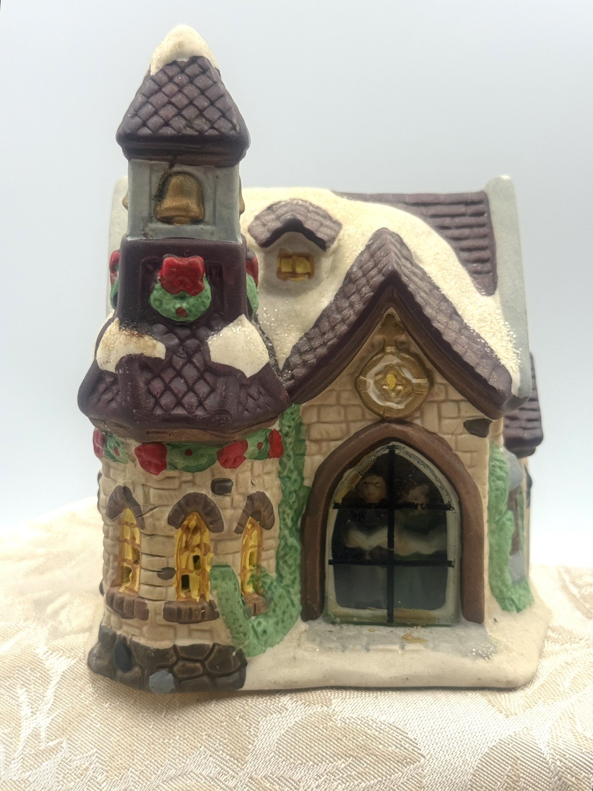 Christmas Village Cobblestone Corner church with choir in window 2002