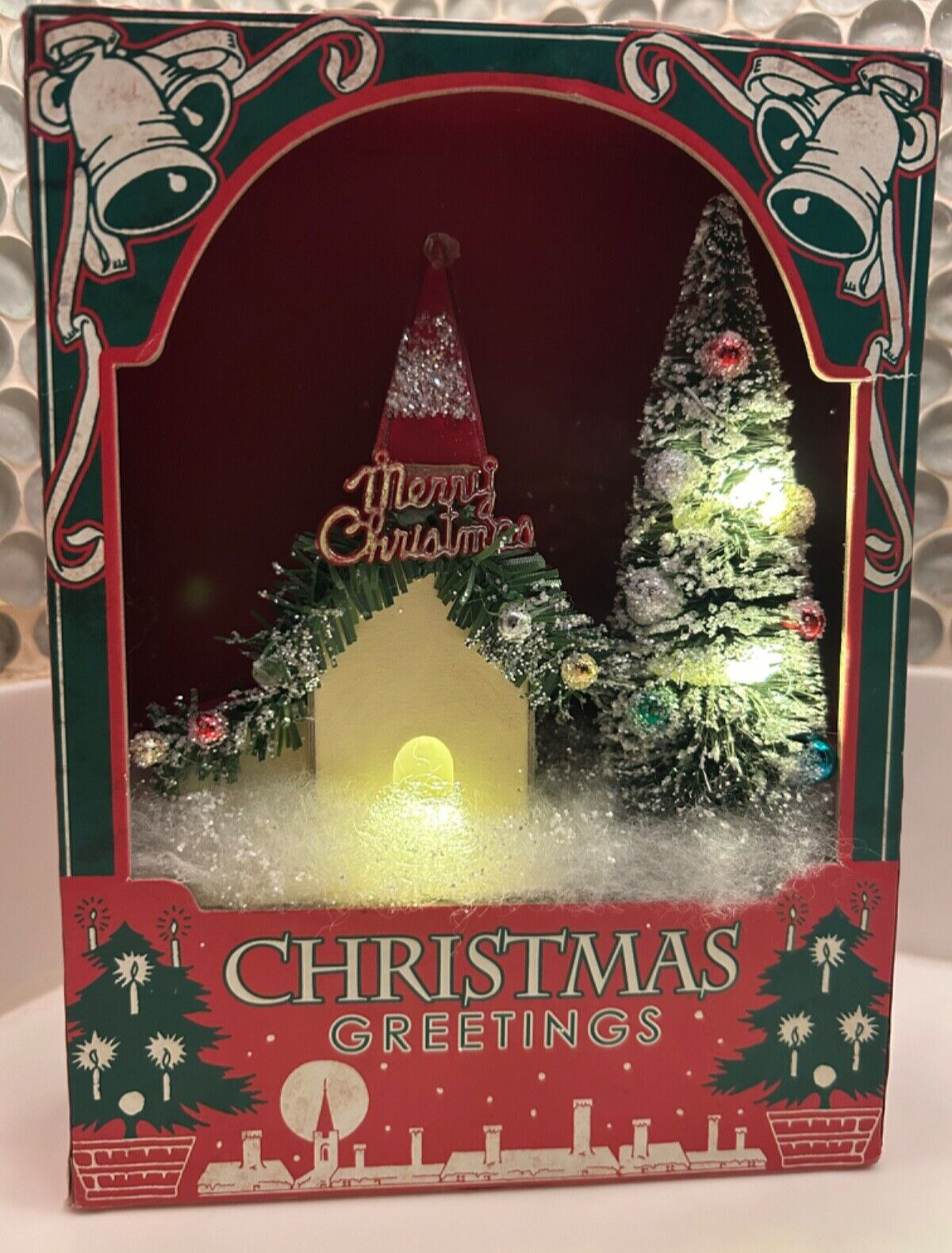Adorable Christmas Miniature Church Scene w/ Light & Bottle Brush Tree 8” Tall