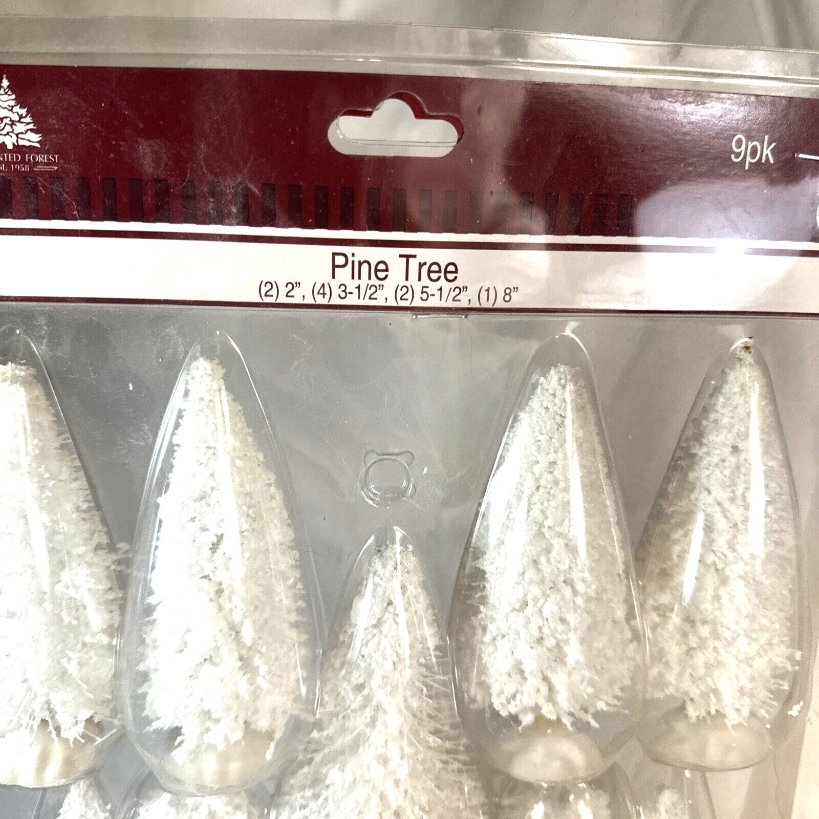 CHRISTMAS VILLAGE WHITE FLOCKED SNOWY FOREST PINE TREES SET OF 9 BRAND NEW