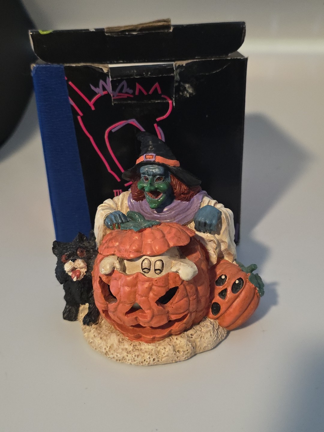 Vintage Spooky Hollow Halloween Lighted Porcelain Pumpkin witch ghost black cat