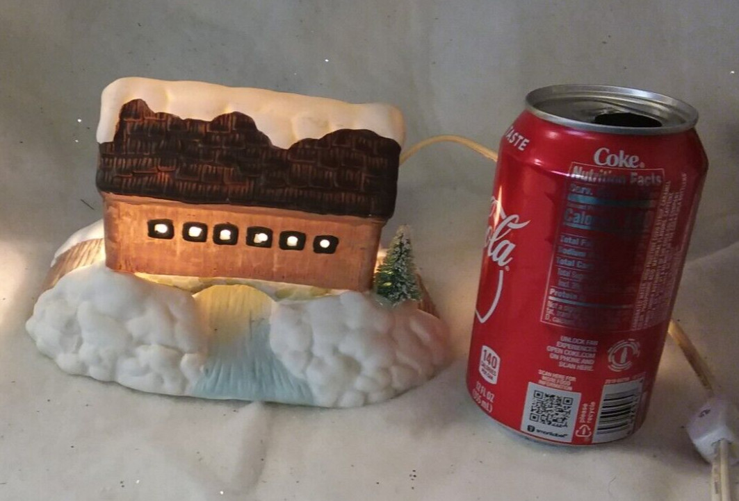 Vintage Ceramic Christmas Village Illuminated Snowy Covered Bridge & Santa-1991