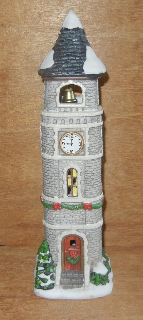 ST NICHOLAS SQUARE LIGHTED 11 1/4″H CLOCK TOWER W/BELL INTACT CHRISTMAS VILLAGE