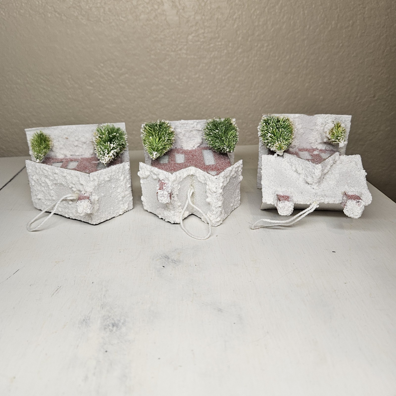 Putz Mica Glitter House Village Red Christmas Ornament Cardboard Kitsch Mini 3