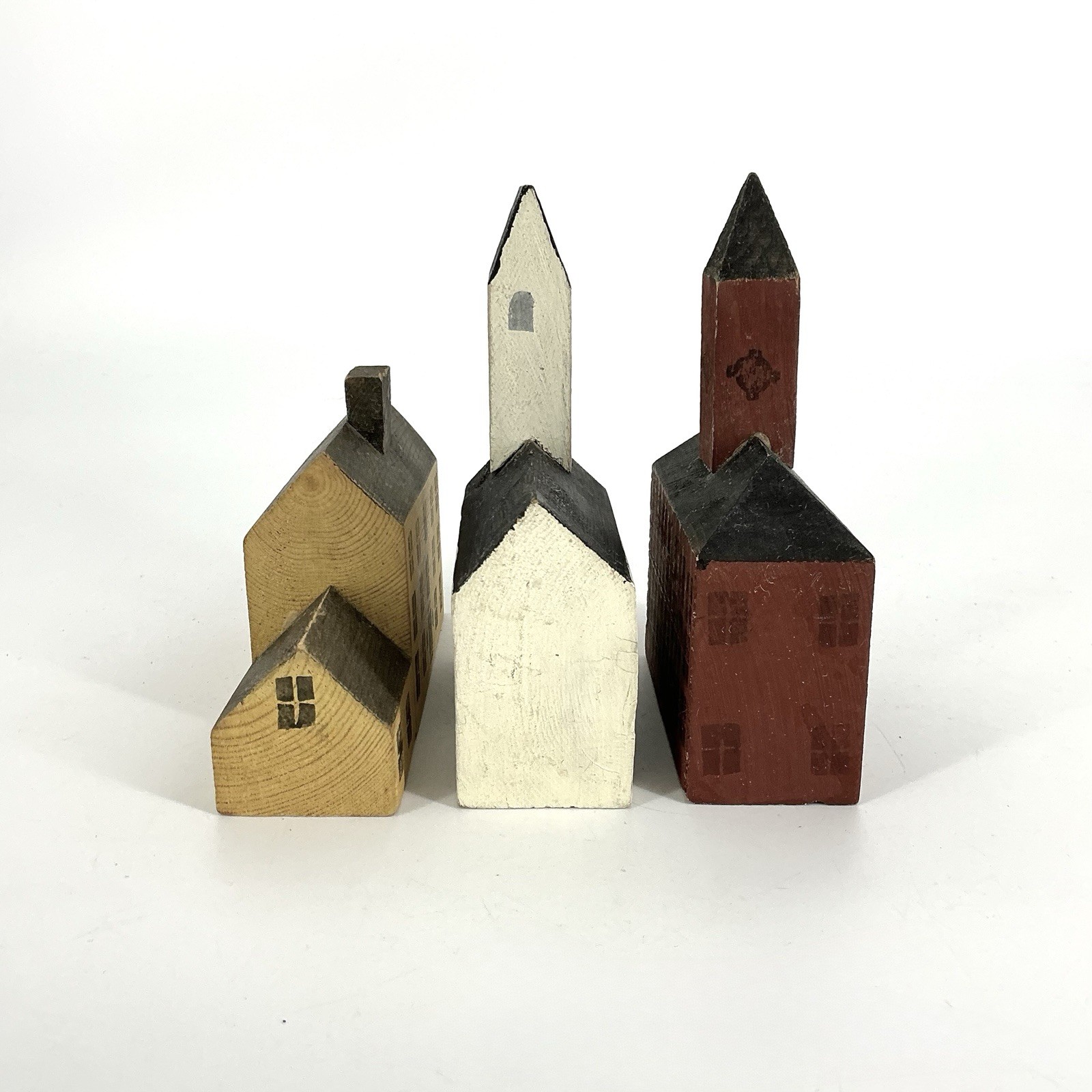Primitive Folk Art Wood Block Village Houses Buildings 3 Pcs Handmade Vintage
