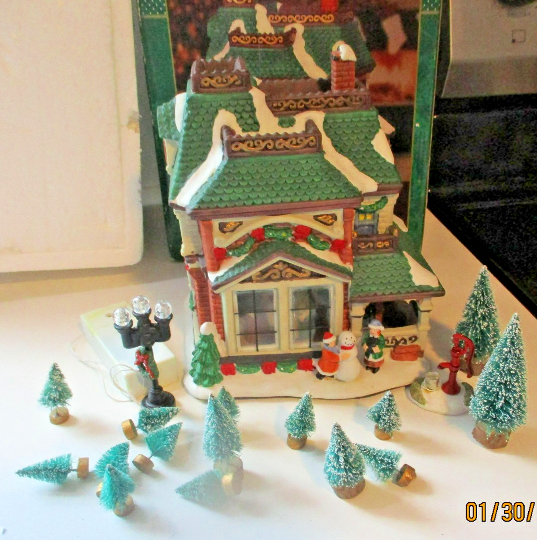 Vintage Trim A Home Country House with Lit Interior Scene & Trees