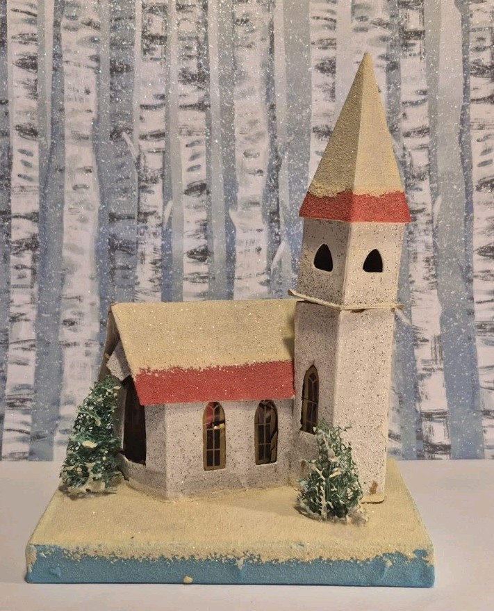 Vintage Putz ChurchHouse Christmas Cardboard Tree Glitter House READ